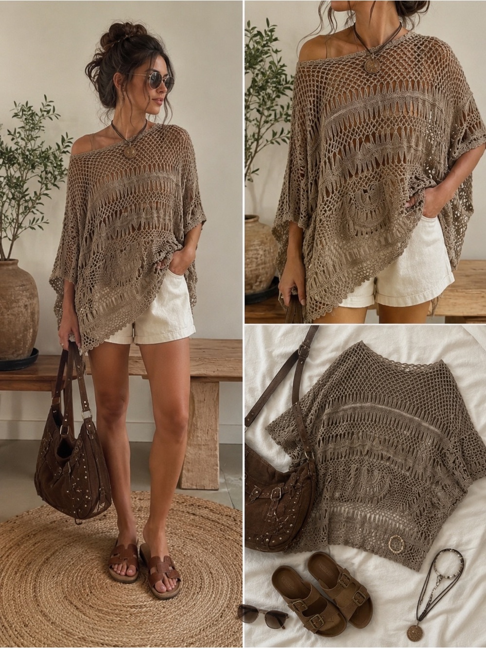 Chico's Crochet Off-Shoulder Poncho Sweater - Taupe